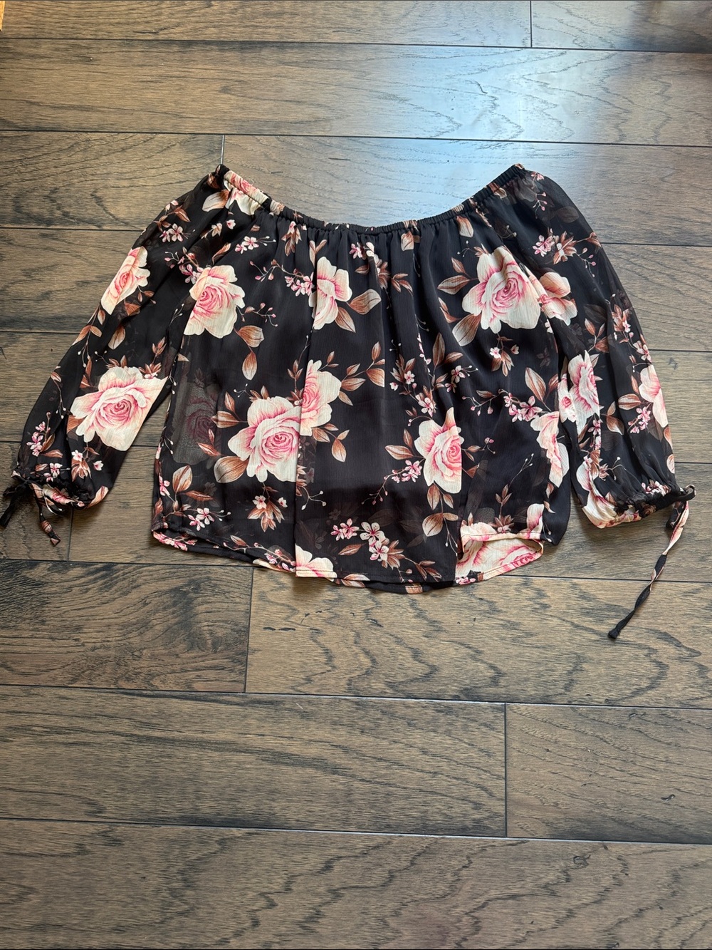 American Eagle Outfitters Black Floral Off-Shoulder Blouse with Pink Roses